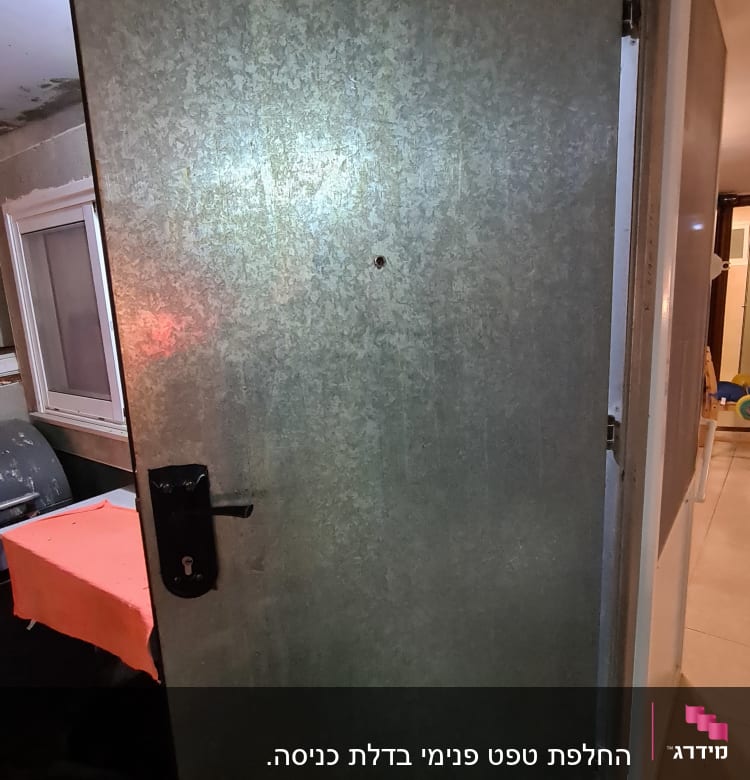 דלת מתכת עם ידית שחורה וציפוי מבריק